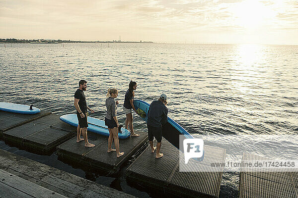 Männliche und weibliche Freunde tragen ein Paddelbrett  während sie auf einem Pier am Meer stehen