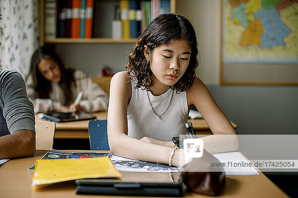 Teenage girl studying in junior high classroom