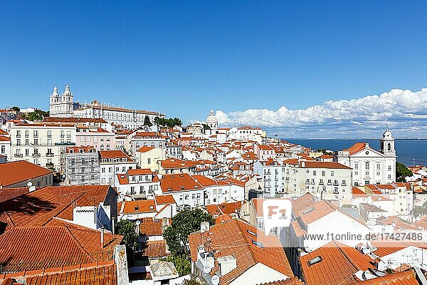 Portugal Travel City View of Old Town Alfama with Church of Sao Vicente de Fora in Lisbon  Portugal  Europe