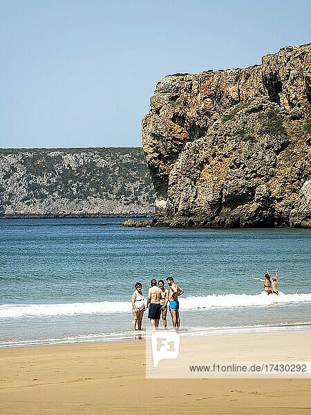 Sandy beach beach with bathers  Praia do Beliche beach  Sagres  Algarve  Portugal  Europe