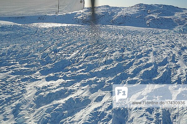 Riesige Eismassen eines Gletschers  Propeller eines Flugzeugs  Flugaufnahme  Inlandlandeis  Ilulissat  Grönland  Dänemark  Nordamerika