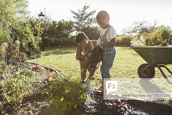 Junge  der mit seiner Mutter an einem sonnigen Tag Pflanzen gießt