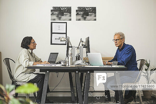 Senior male and female colleagues working on computer in office