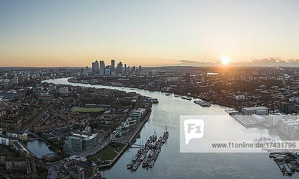 UK  London  Aerial view of River Thames at sunrise