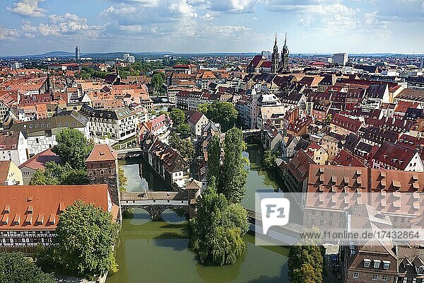 Aerial view  in front river Pegnitz  on the right Hangman's Bridge  on the left Hangman's Bridge and Water Tower  in the middle Flea Market Island with Upper Charles Bridge on the right and Charles Street on the left  above Augustinerhof with German Museum  on the top right Lorenzkirche  Seebald Old Town  Nuremberg  Middle Franconia  Franconia  Bavaria  Germany  Europe