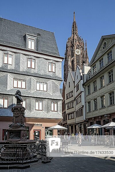 Monument to Friedrich Stoltze  St. Bartholomew's Imperial Cathedral  modern and reconstructed town houses on Hühnermarkt  New Frankfurt Old Town  Cathedral-Roman Quarter  Frankfurt am Main  Hesse  Germany  Europe