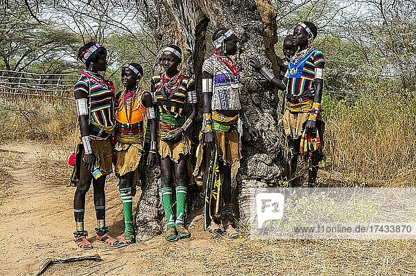 Traditional dressed young girls from the Laarim tribe chatting under a tree  Boya hills  Eastern Equatoria  South Sudan  Africa