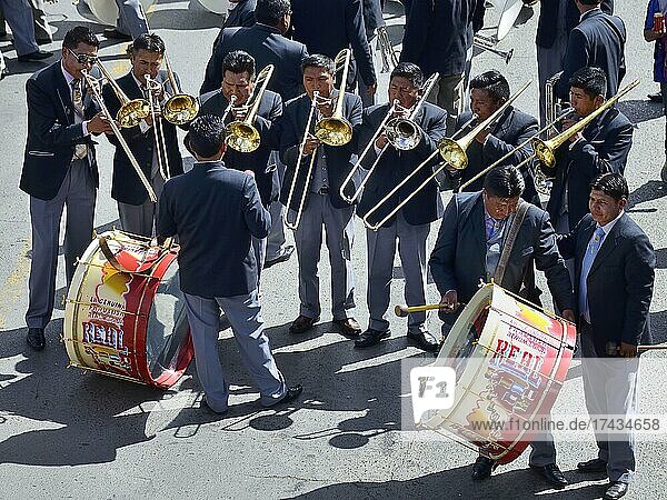 Music group with timpani and trumpets during a parade  El Alto  La Paz Department  Bolivia  South America