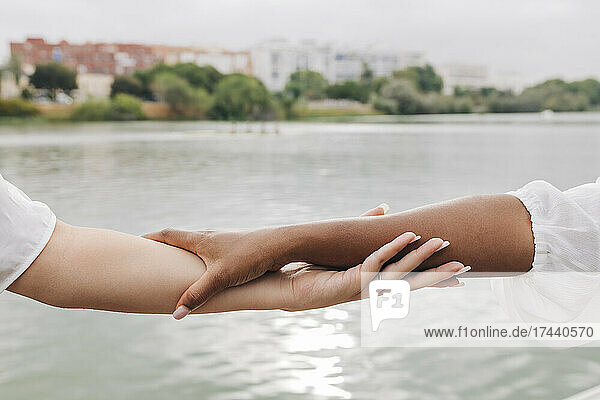 Female friends holding hands by lake