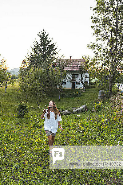 Junge Frau bläst auf gehaltenen Löwenzahn  mit rustikalem Haus im Hintergrund