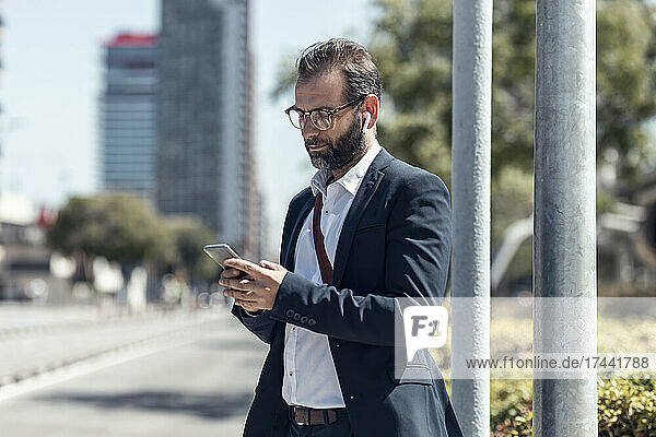 Bearded male professional using mobile phone on sunny day