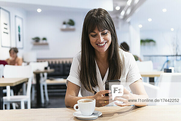 Smiling mid adult businesswoman using smart phone in restaurant
