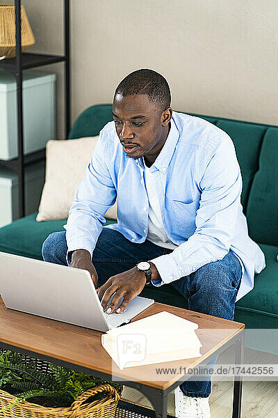 Male business person using laptop while sitting on sofa at home