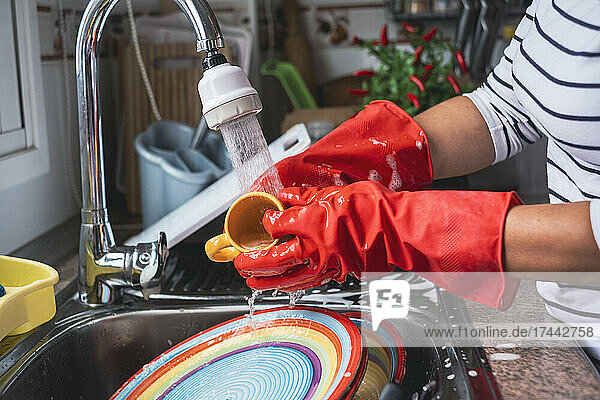 Mature woman washing cup at sink