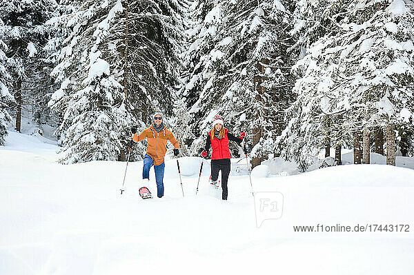 Couple in ski-wear snowshoeing by coniferous trees during winter