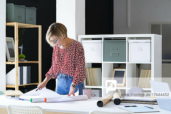 Female professional working on business plan at desk