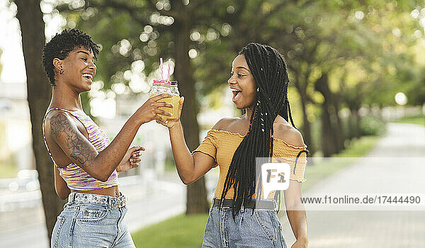 Cheerful female friends raising toasts in park