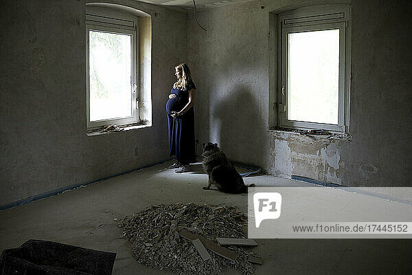 Pregnant woman with dog standing by window at home under renovation