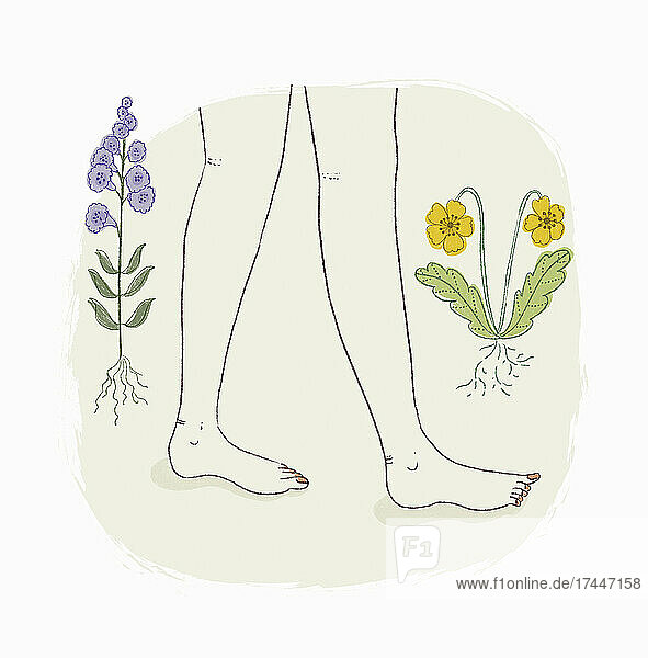 Nackte Füße laufen durch Wildblumen