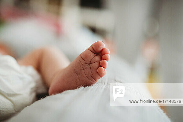 Close up of newborn baby's foot