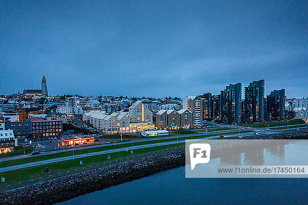 The coastal city of Reykjavik at dusk.