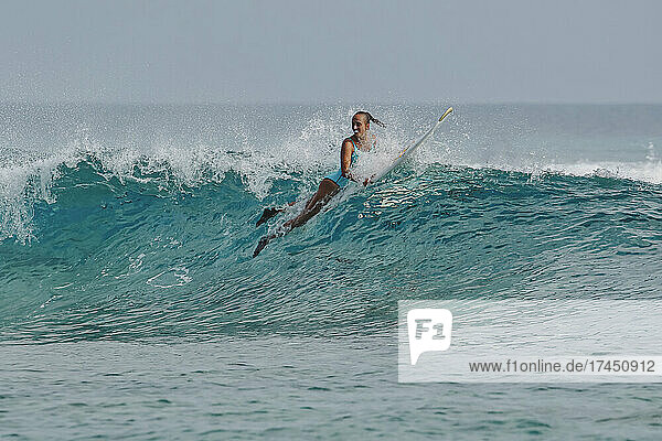 Female Surfer in Indian Ocean  Maldives