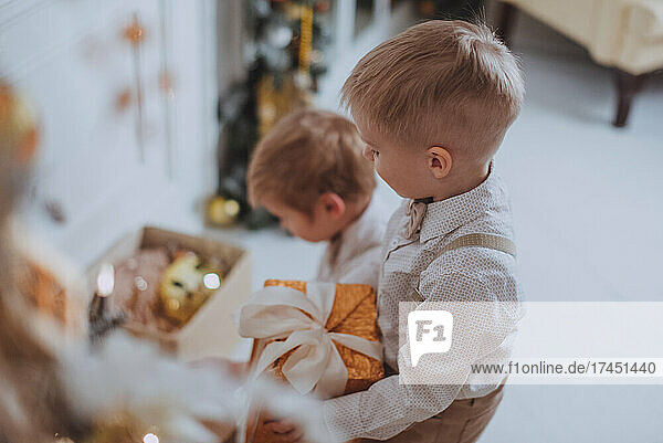 Cheerful cute children boys opening gifts under christmas tree.