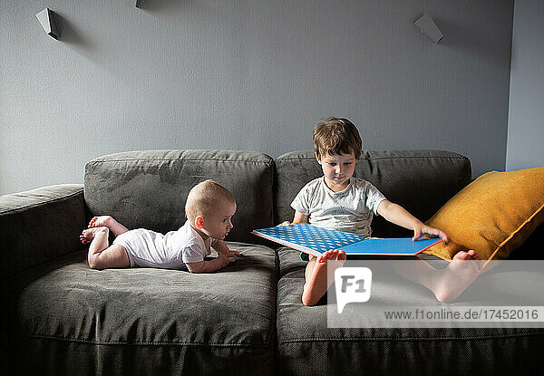 boy reads a book sitting on the sofa and his brother is lying nearby