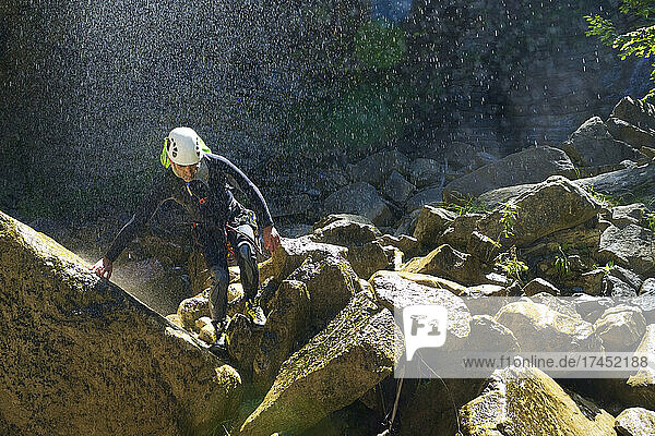 Canyoning Furco Canyon  Broto village  in Pyrenees  Spain.