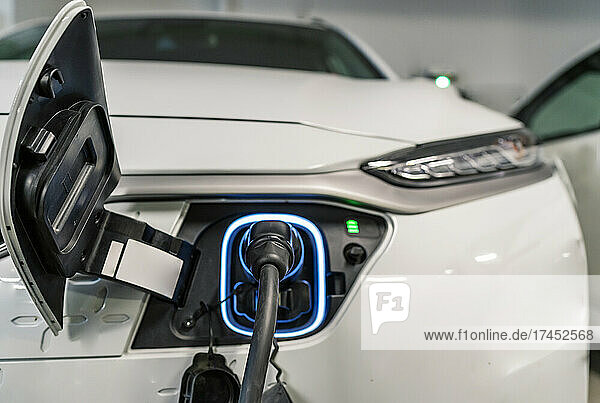 white electric vehicle in charge