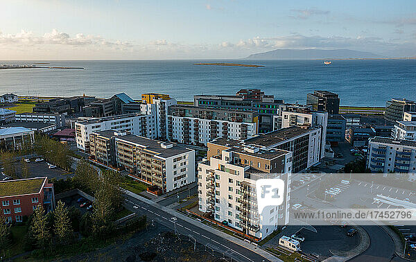 Aerial photo of residential buildings in Reykjavik.