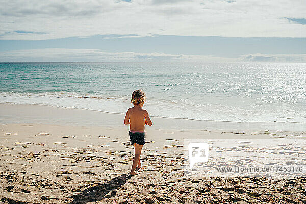Back view of boy walking to sea at beach on sunny day