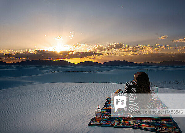 Bohemian Girl Relaxing At Sunset In White Sands  New Mexico