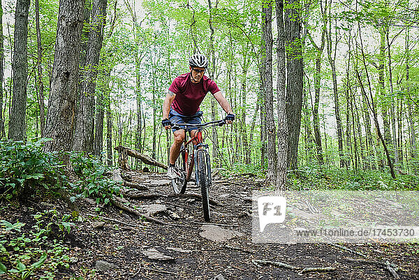 Man riding a mountain bike through a wooded area on summer day.