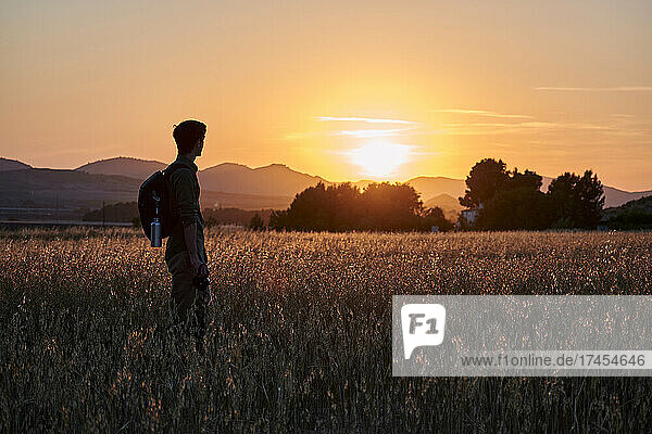 Silhouette of a photographer looks at the sun in a meadow at sunset