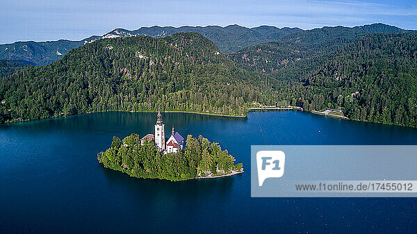 Church on lake blake island in slovenia