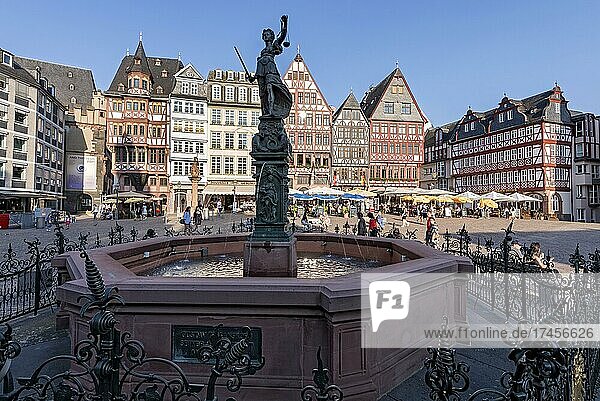 Fountain of Justice with fountain figure of the goddess Justitia  Justitiabrunnen  reconstructed half-timbered houses on Samstagsberg  Römerberg  Old Town  Frankfurt am Main  Hesse  Germany  Europe