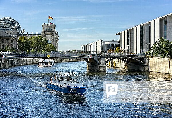 Boat of the water police on the Spree in Berlin's government district  Berlin  Germany  Europe