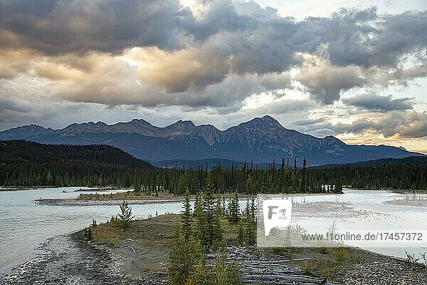 View of a valley with river in evening mood  Pyramid Mountain  sunset  Icefields Parkway  Athabasca River  Jasper National Park  Alberta  Canada  North America