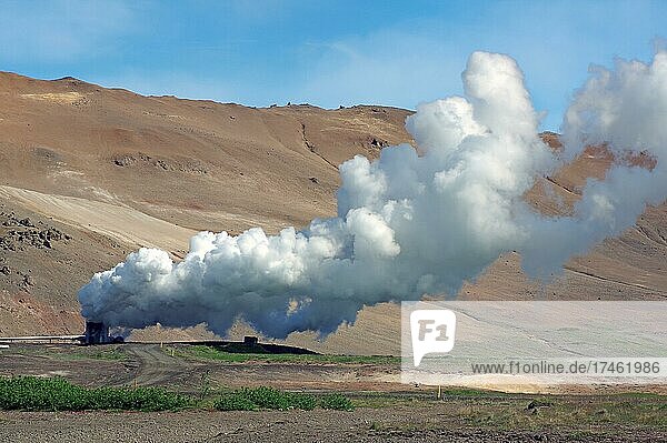 Dampffahnen zischen aus einem Rohr  vulkanisch geprägte Landschaft  Geothermalenergie  Myvatn  Island  Europa