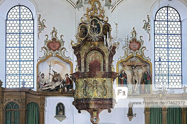 Pulpit and Stations of the Cross  Pilgrimage Church of Our Lady of Mount Carmel in Mussenhausen  Swabia  Allgäu  Bavaria  Germany  Europe
