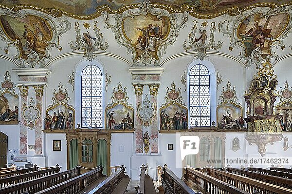 Windows  frescoes and Stations of the Cross  pilgrimage church of Our Lady of Mount Carmel in Mussenhausen  Swabia  Allgäu  Bavaria  Germany  Europe