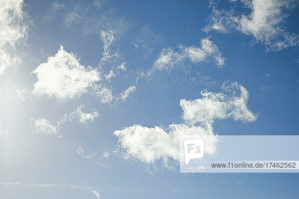 Feder- und Schäfchenwolken zieren bei starkem Wind den blauen Himmel