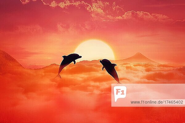 Silhouette von zwei spielerischen Delphine springen über die Wolken gegen Sonnenuntergang Hintergrund. Surreal wildes Leben Landschaft Szene Bildschirmschoner