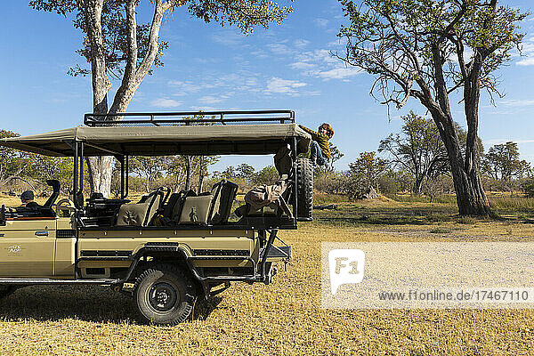 Young boy climbing up into a safari vehicle