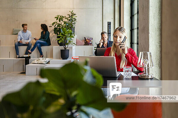 Geschäftsfrau mit Laptop telefoniert am Schreibtisch