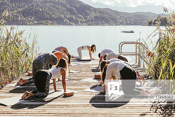 Female instructor teaching yoga to men and women on jetty by lake