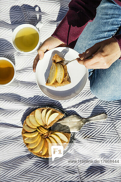 Hands of woman eating freshly baked apple pie on picnic blanket