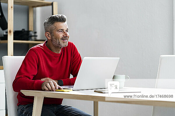 Mature man with laptop sitting at table