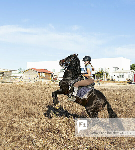 Junge Frau reitet an einem sonnigen Tag auf einem sich aufbäumenden Pferd auf der Ranch